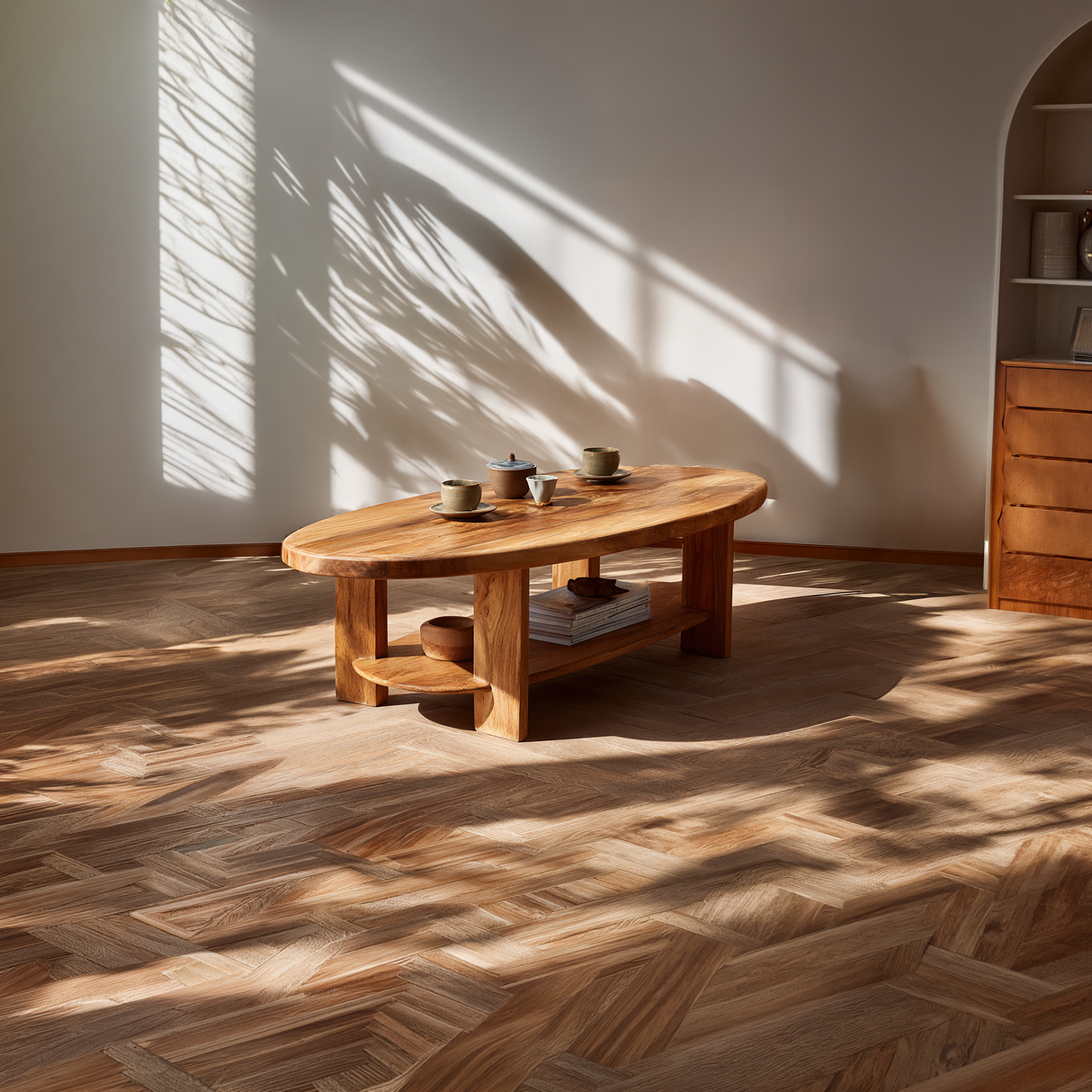 Oval Solid Wood Coffee Table with Open Shelf