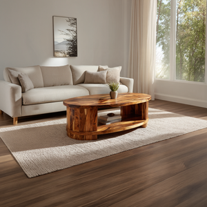 Oval Solid Wood Coffee Table with Shelf