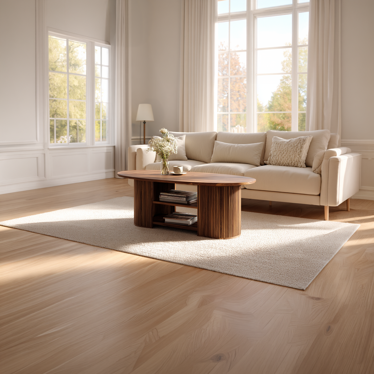 Fluted Oval Solid Wood Coffee Table with Shelf