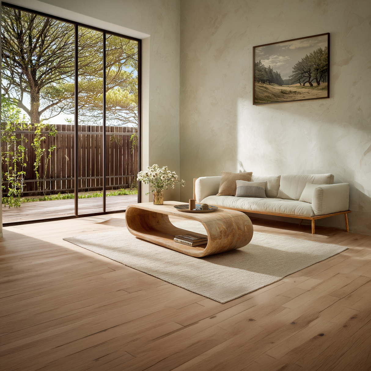 Curved Solid Wood Coffee Table with Open Shelf
