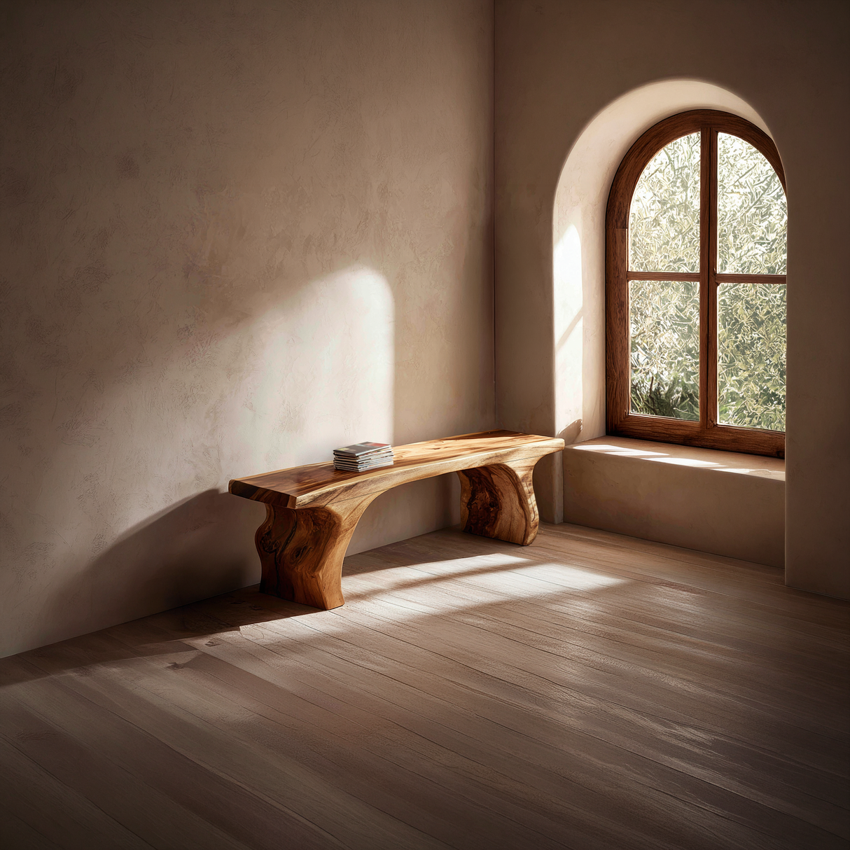 Organic Curved Solid Wood Bench for Minimalist Interior Seating