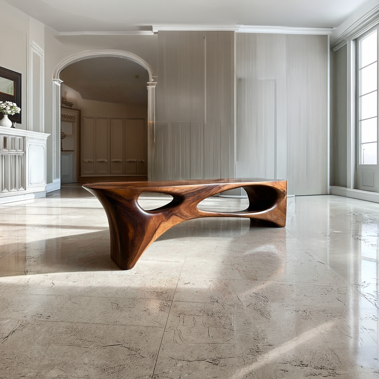 Abstract Sculptural Solid Wood Bench with Organic Cut-Out Design