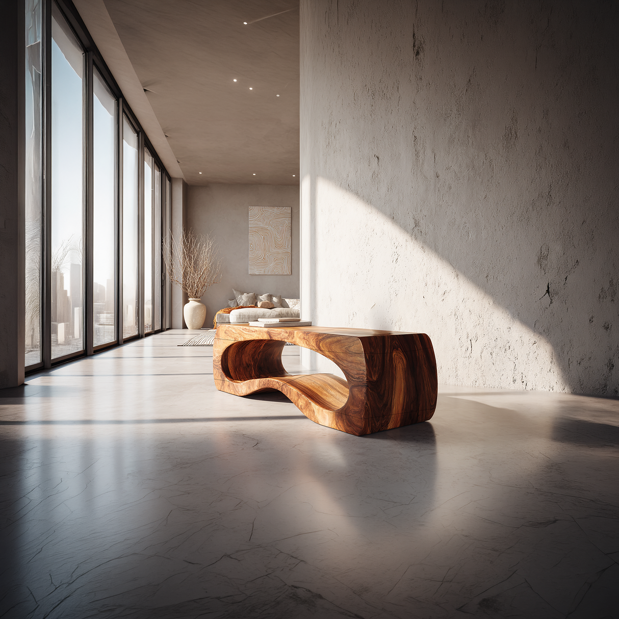 Organic Sculptural Solid Wood Bench with Curved Hollow Base