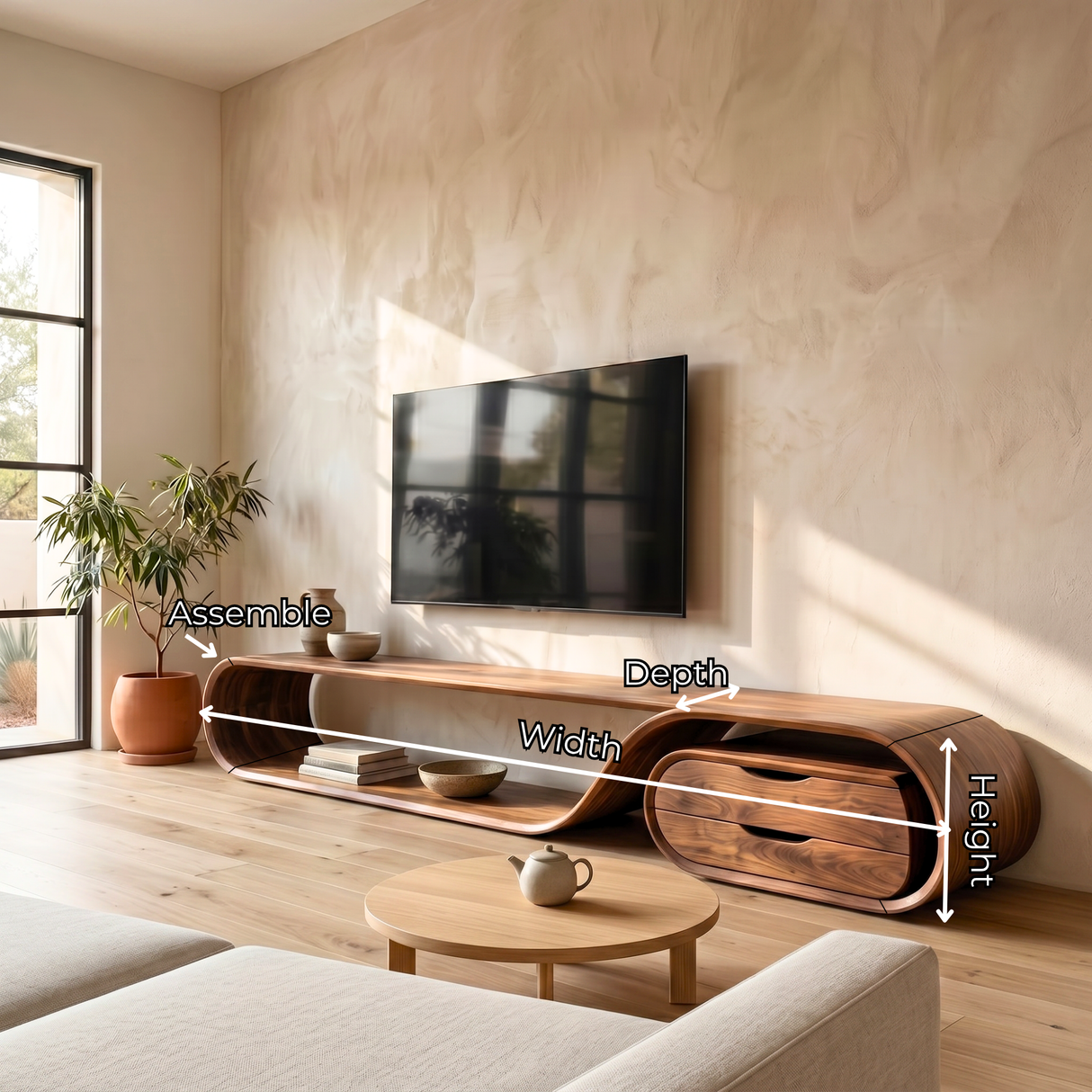 Flowing Organic Solid Wood TV Console with Oval Drawer Cabinet
