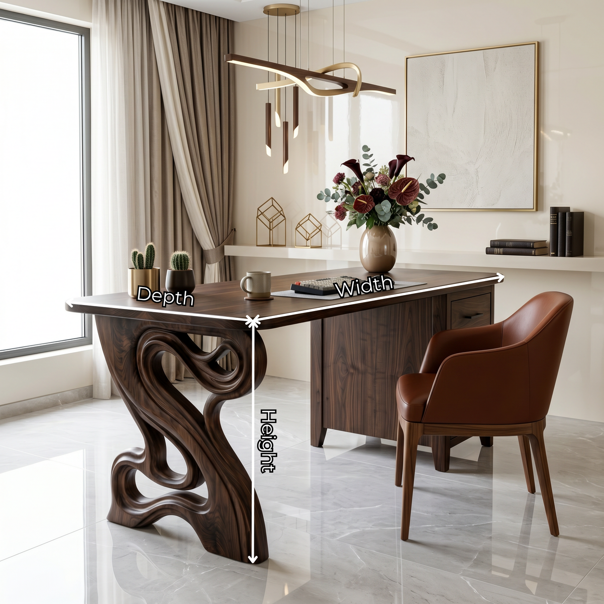 Organic Solid Wood Desk with Sculptural Loop Leg and Drawer Storage