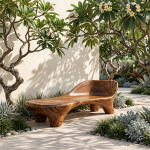 Handcrafted Organic Solid Wood Outdoor Chaise Bench with Curved Backrest
