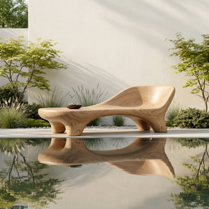 Handcrafted Organic Solid Wood Outdoor Chaise Bench with Curved Backrest