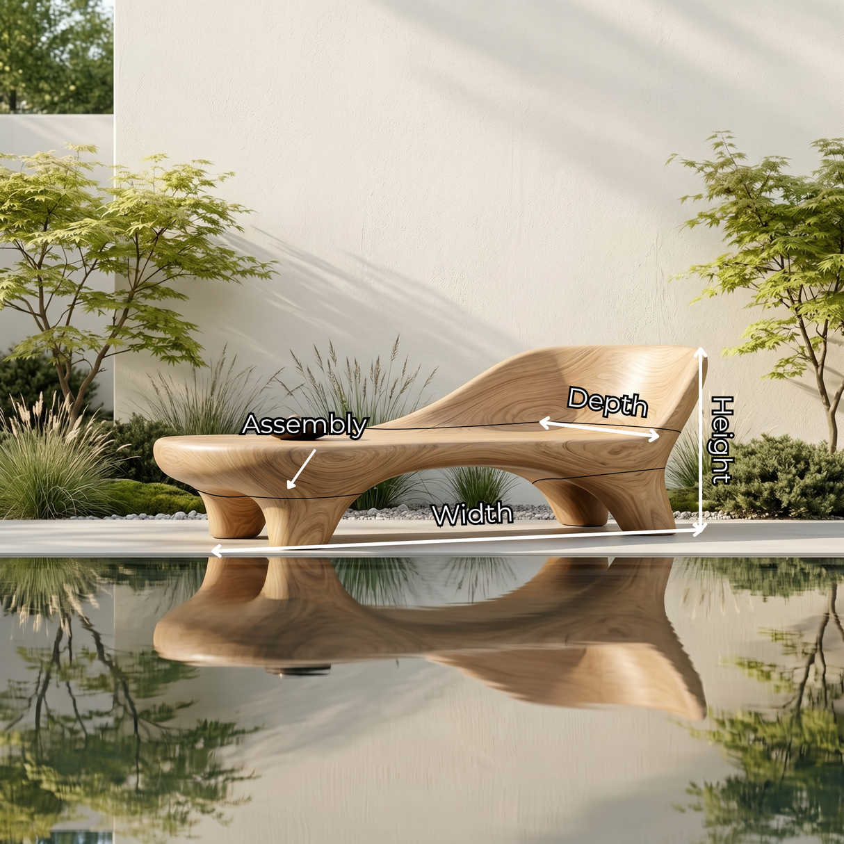 Handcrafted Organic Solid Wood Outdoor Chaise Bench with Curved Backrest