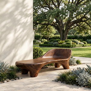 Handcrafted Organic Solid Wood Outdoor Chaise Bench with Curved Backrest