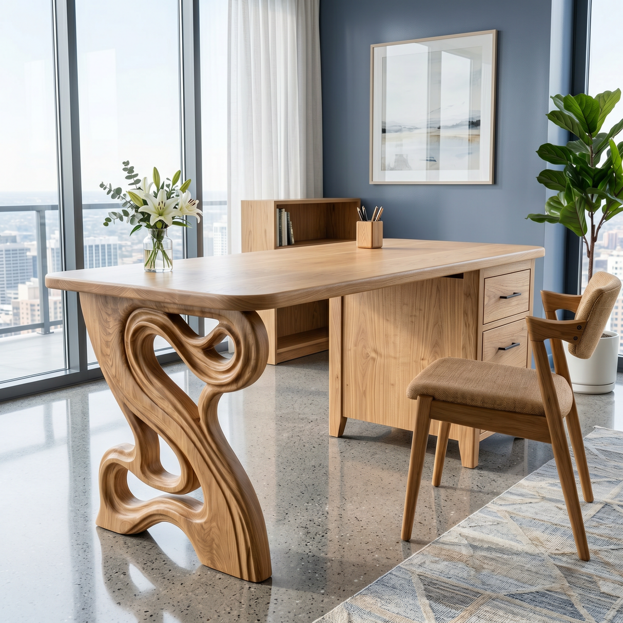 Organic Solid Wood Desk with Sculptural Loop Leg and Drawer Storage