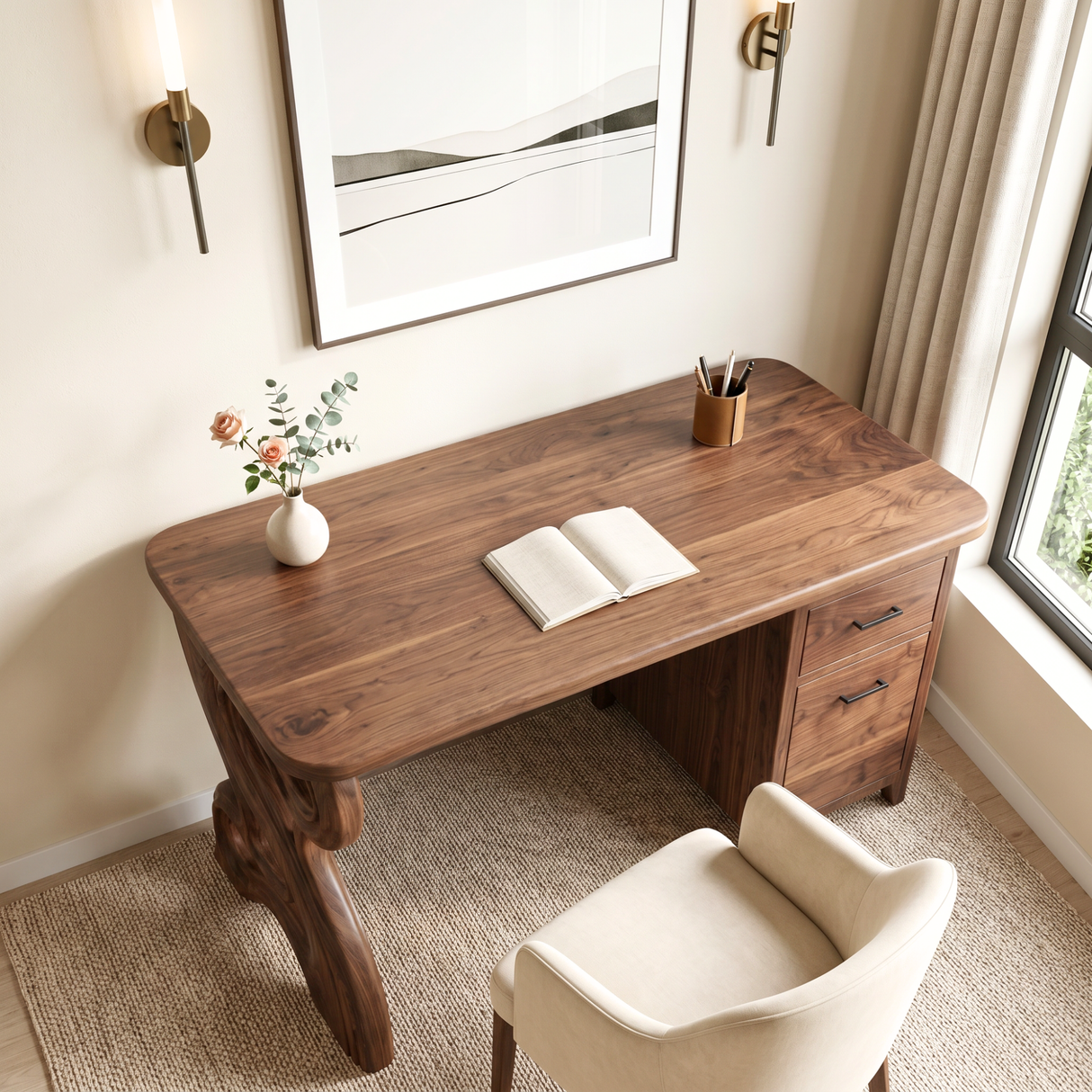 Organic Solid Wood Desk with Sculptural Loop Leg and Drawer Storage