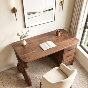 Organic Solid Wood Desk with Sculptural Loop Leg and Drawer Storage