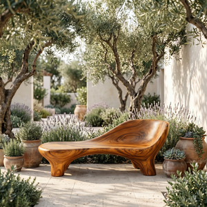 Handcrafted Organic Solid Wood Outdoor Chaise Bench with Curved Backrest