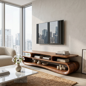 Organic Solid Wood TV Stand with Double Open Wave Shelves