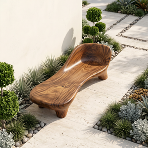 Handcrafted Organic Solid Wood Outdoor Chaise Bench with Curved Backrest