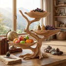 Solid Wood Three-Level Fruit Display Bowl with Organic Branch Pedestal