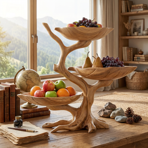 Solid Wood Three-Level Fruit Display Bowl with Organic Branch Pedestal