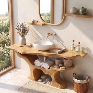Solid Wood Bathroom Vanity with Organic Branch Base and Open Shelf