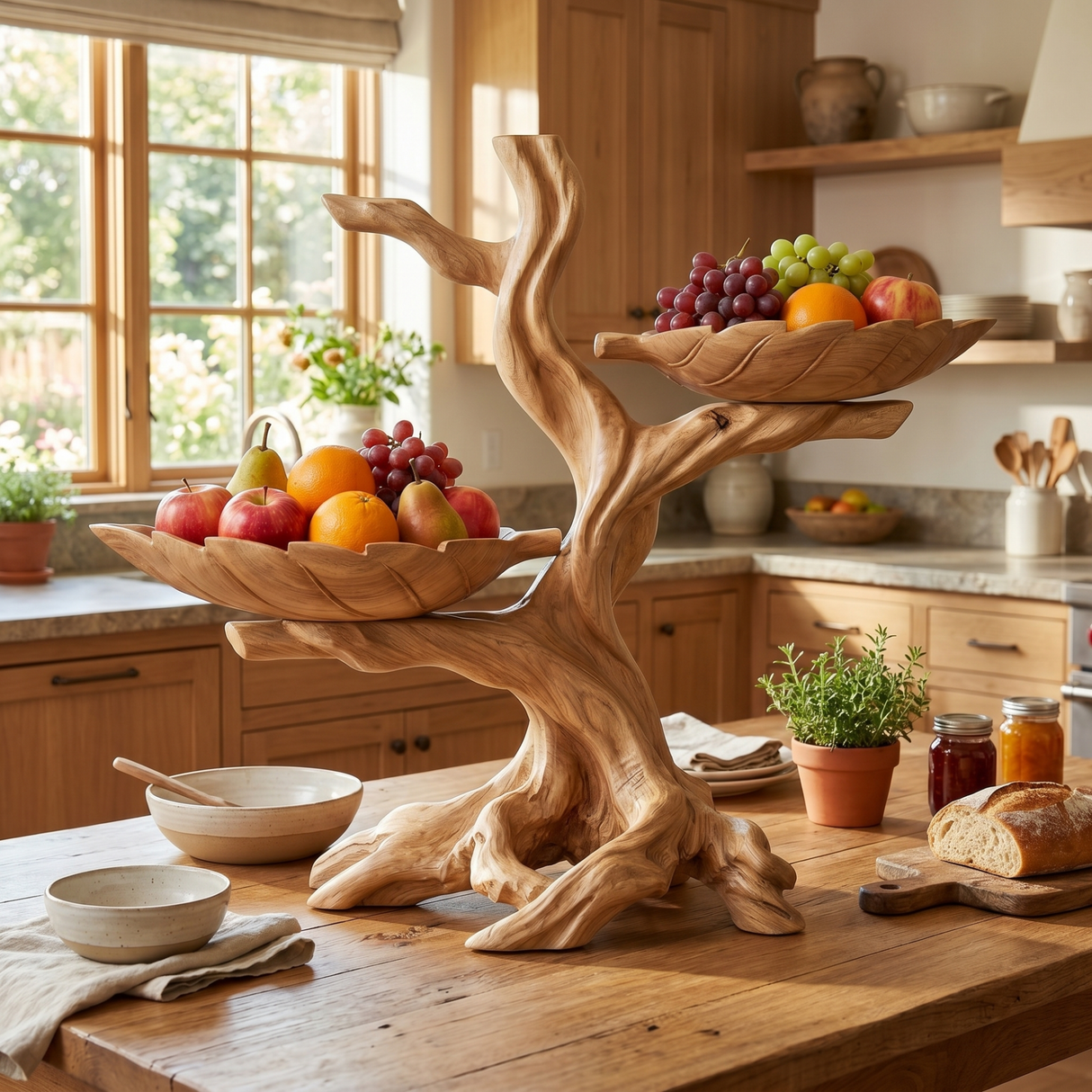 Solid Wood Sculptural Fruit Bowl with Twin Floating Trays and Branch Form Base