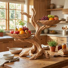 Solid Wood Sculptural Fruit Bowl with Twin Floating Trays and Branch Form Base
