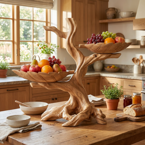 Solid Wood Sculptural Fruit Bowl with Twin Floating Trays and Branch Form Base