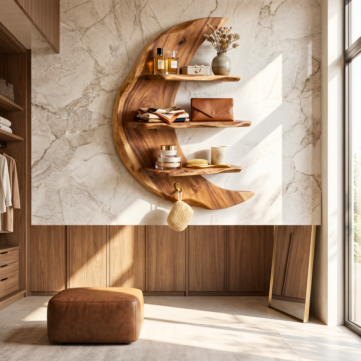 Crescent Moon Wood Wall Shelf with Three Display Tiers