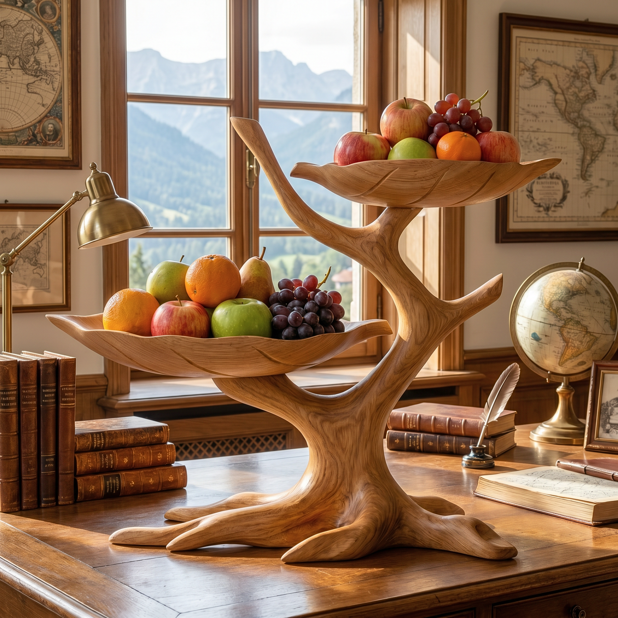 Sculptural Wood Fruit Bowl with Branch-Inspired Stand and Dual Display Bowls