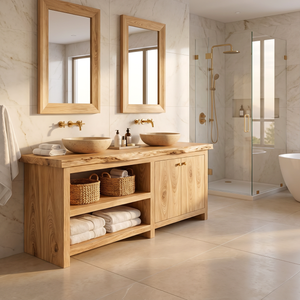 Bathroom Vanity Solid Wood with Double Sink and Open Shelf Storage for Rustic Bathroom