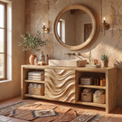 Solid Wood Bathroom Vanity with Wave Carved Center Panel and Open Shelf Storage