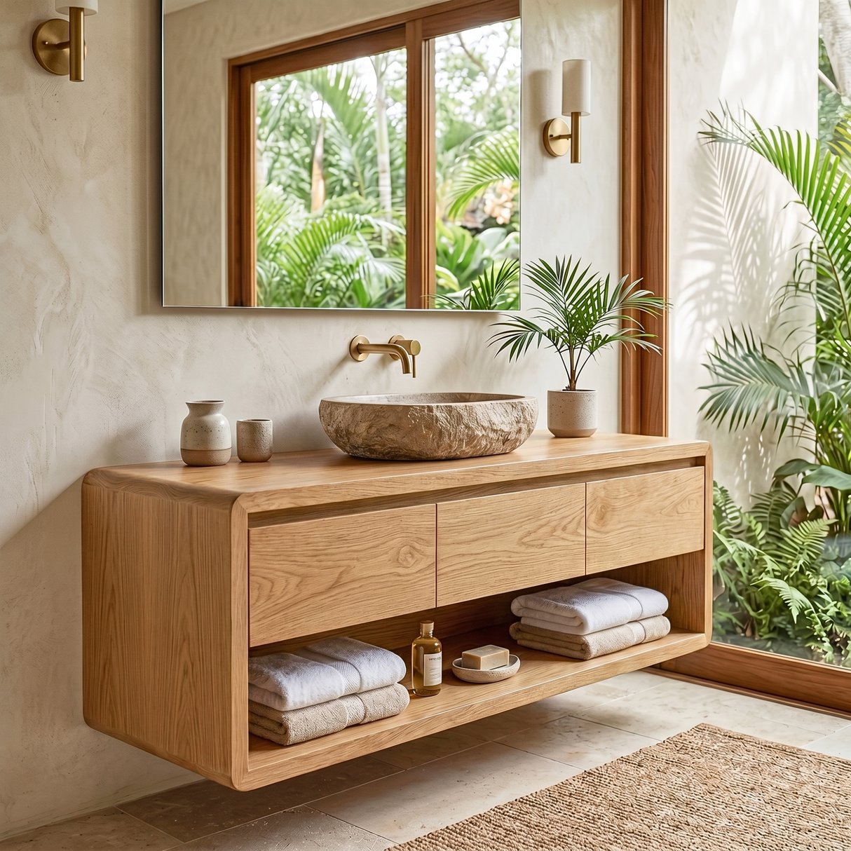 Floating Solid Wood Bathroom Cabinet Vanity with Rounded Modern Form