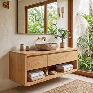 Floating Solid Wood Bathroom Cabinet Vanity with Rounded Modern Form