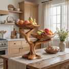 Handmade Wave Edge Solid Wood Fruit Bowl with Two-Tier Sculptural Stand