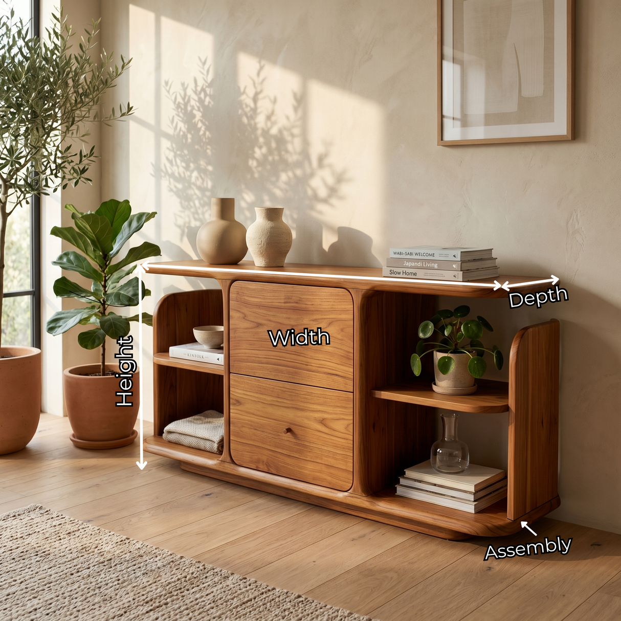 Natural Solid Wood Sideboard with Two Drawers and Open Display Shelves