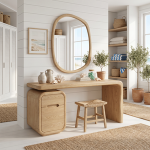 Solid Wood Vanity Desk with Rounded Drawer Pedestal and Waterfall Side