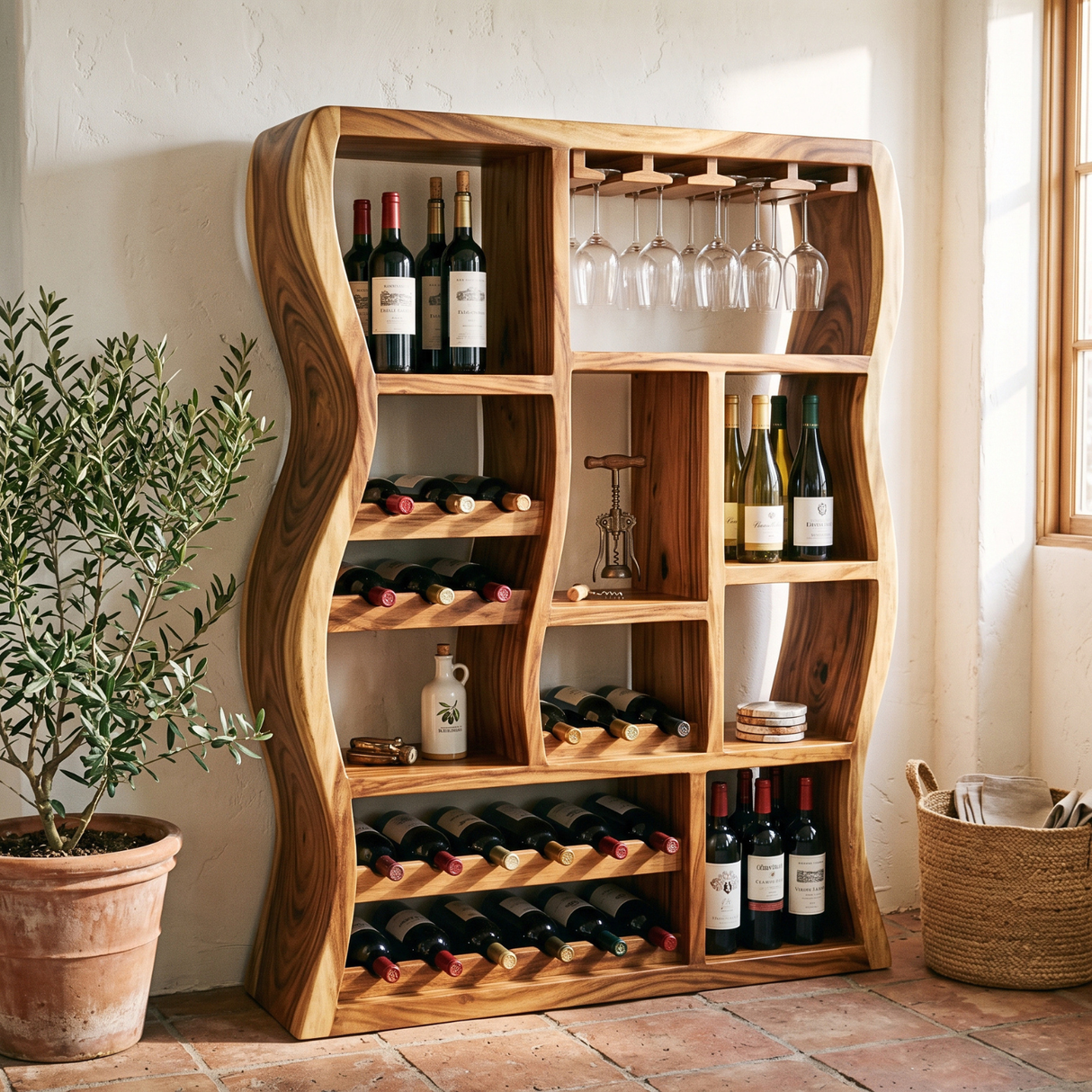 Sculptural Solid Wood Wine Cabinet with Curved Open Compartments