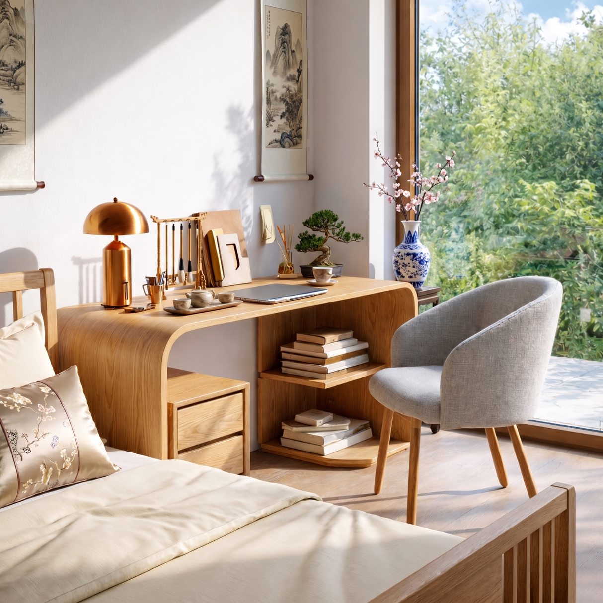 Solid Wood Writing Desk with Rounded Architectural Form