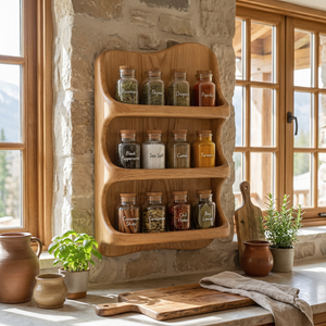 Curved Solid Wood Wall Spice Organizer with Three Open Display Tiers