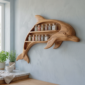 Handcrafted Dolphin-Shaped Wood Wall Spice Rack with Two Open Shelves for Kitchen