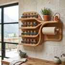 Handcrafted Solid Wood Kitchen Wall Organizer with Spice Shelves and Paper Towel Holder