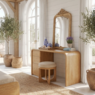 Rounded Solid Wood Vanity Table with Waterfall Side and Drawer Storage