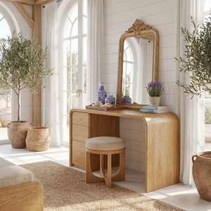 Rounded Solid Wood Vanity Table with Waterfall Side and Drawer Storage