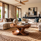 Coffee Table Solid Wood with Sculptural Four-Lobed Pedestal Base for Living Room
