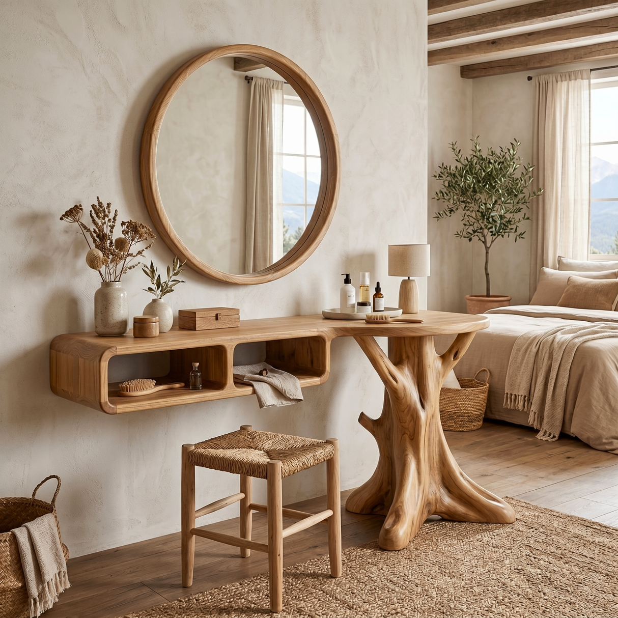 Handcrafted Solid Wood Vanity Console with Rounded Cubbies and Organic Branch Base