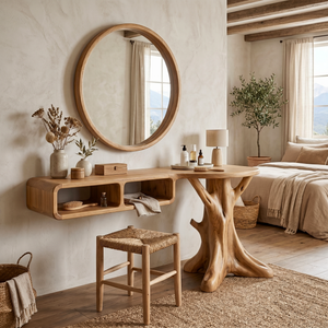 Handcrafted Solid Wood Vanity Console with Rounded Cubbies and Organic Branch Base
