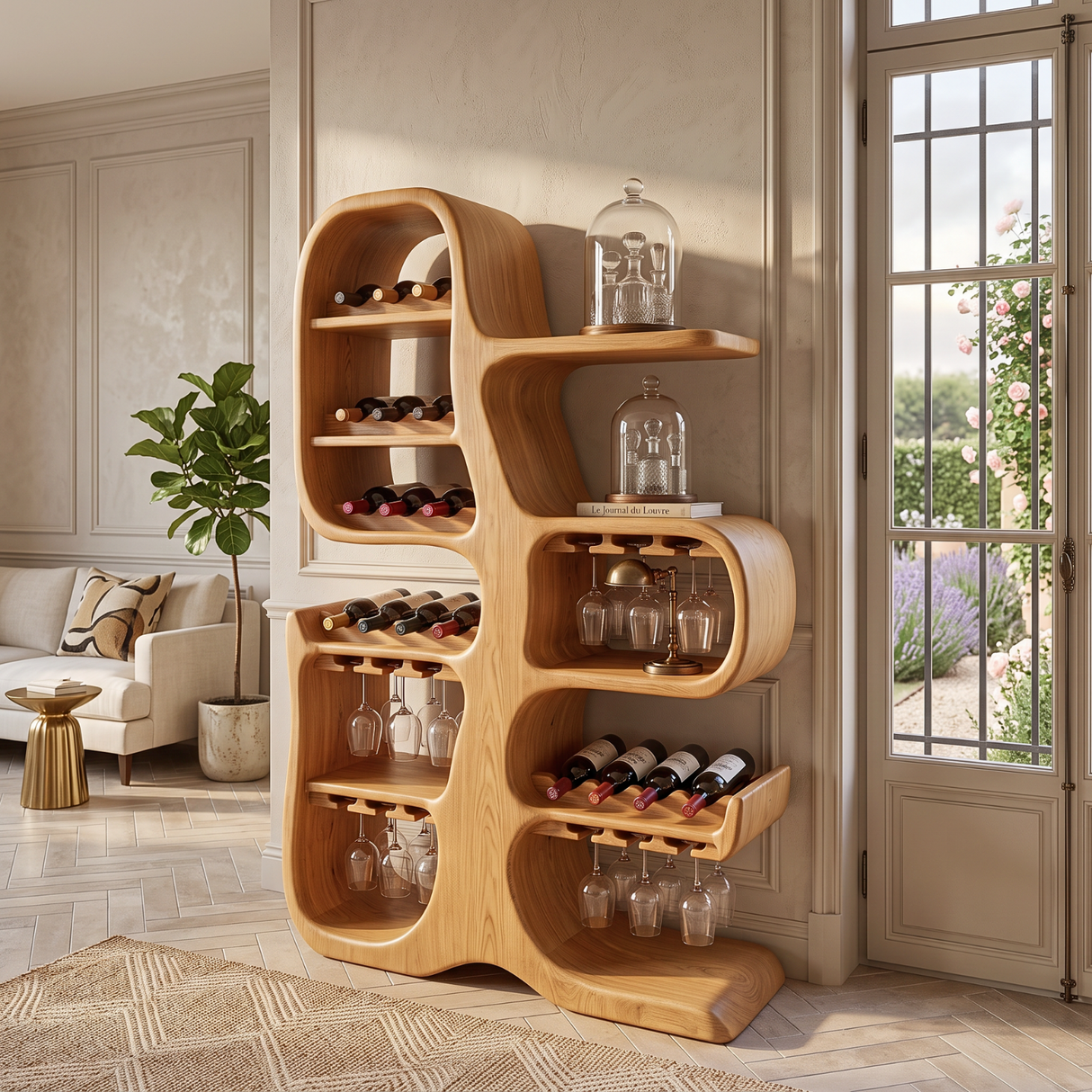 Solid Wood Wine Cabinet with Sculptural Tree Form for Home Bar