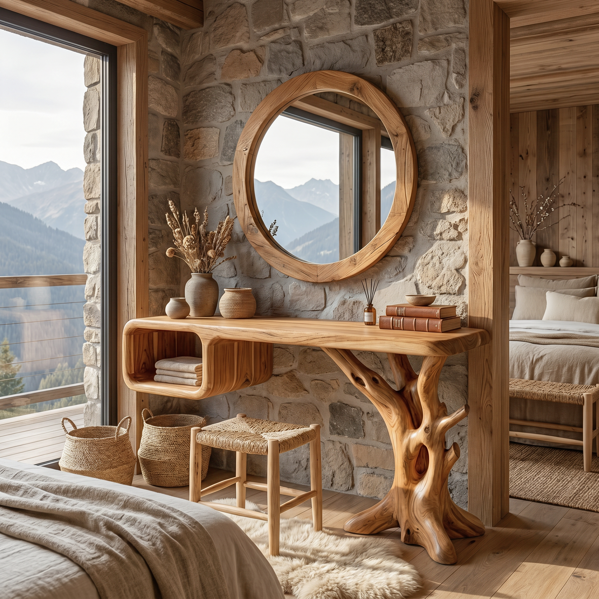 Handmade Solid Wood Vanity Table with Floating Cubby Shelf and Sculptural Tree Base