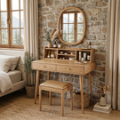 Handcrafted Solid Wood Vanity Desk with Open Organizer Shelf and Drawer Storage