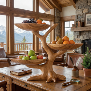 Handcrafted Solid Wood Tiered Fruit Centerpiece with Tree-Limb Stand and Curved Bowl Trays