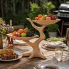 Solid Wood Two-Tier Fruit Bowl with Sculptural Tree Branch Base