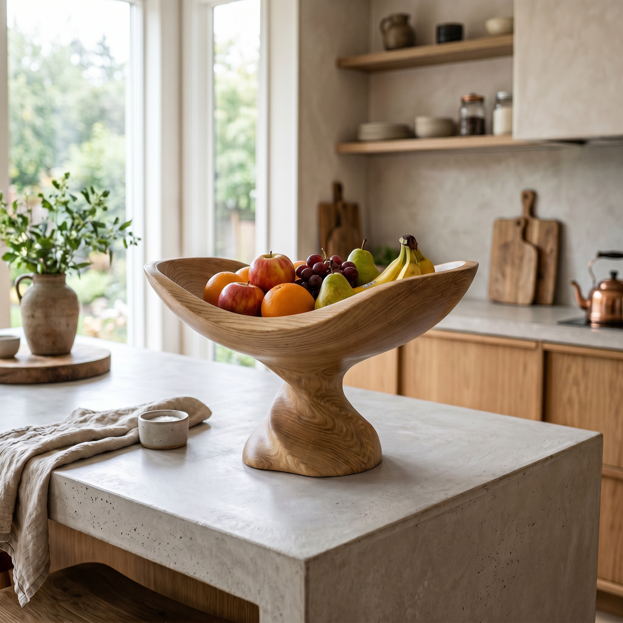 Solid Wood Floating Cradle Fruit Bowl with Twisted Sculptural Pedestal